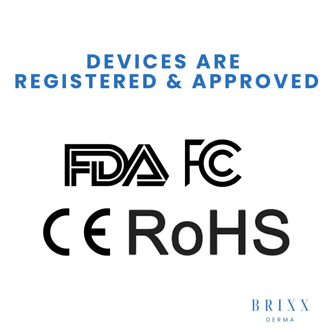Certification logos including FDA, FC, CE, RoHS, and BRIIX DERMA on a white background.
