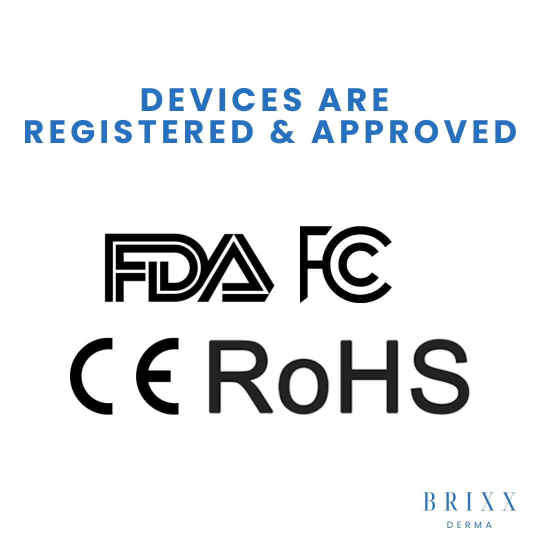 Certification logos including FDA, FC, CE, RoHS, and 'Brixx Derm' on a white background.