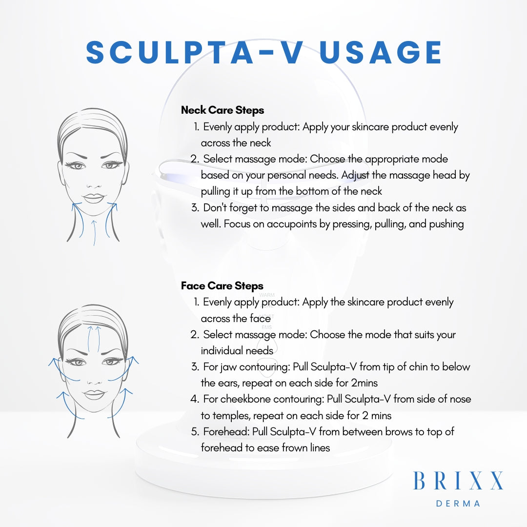 Instructions for using Sculpta-V skincare product on face and neck with Brixx Derma branding.