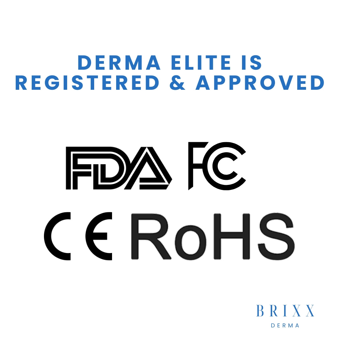 Certification logos including FDA, FC, CE, RoHS, and BRIIX DERMA on a white background.