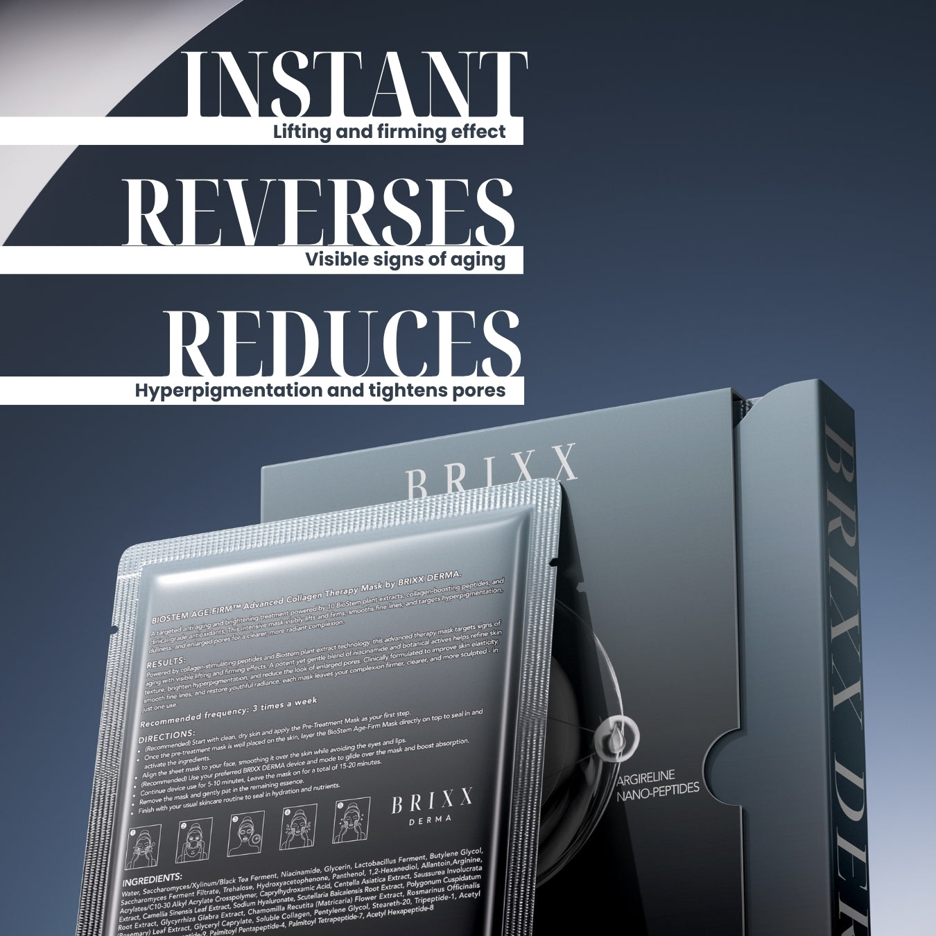 BRIXX DERMA skincare product packaging with text highlighting effects on a dark blue background