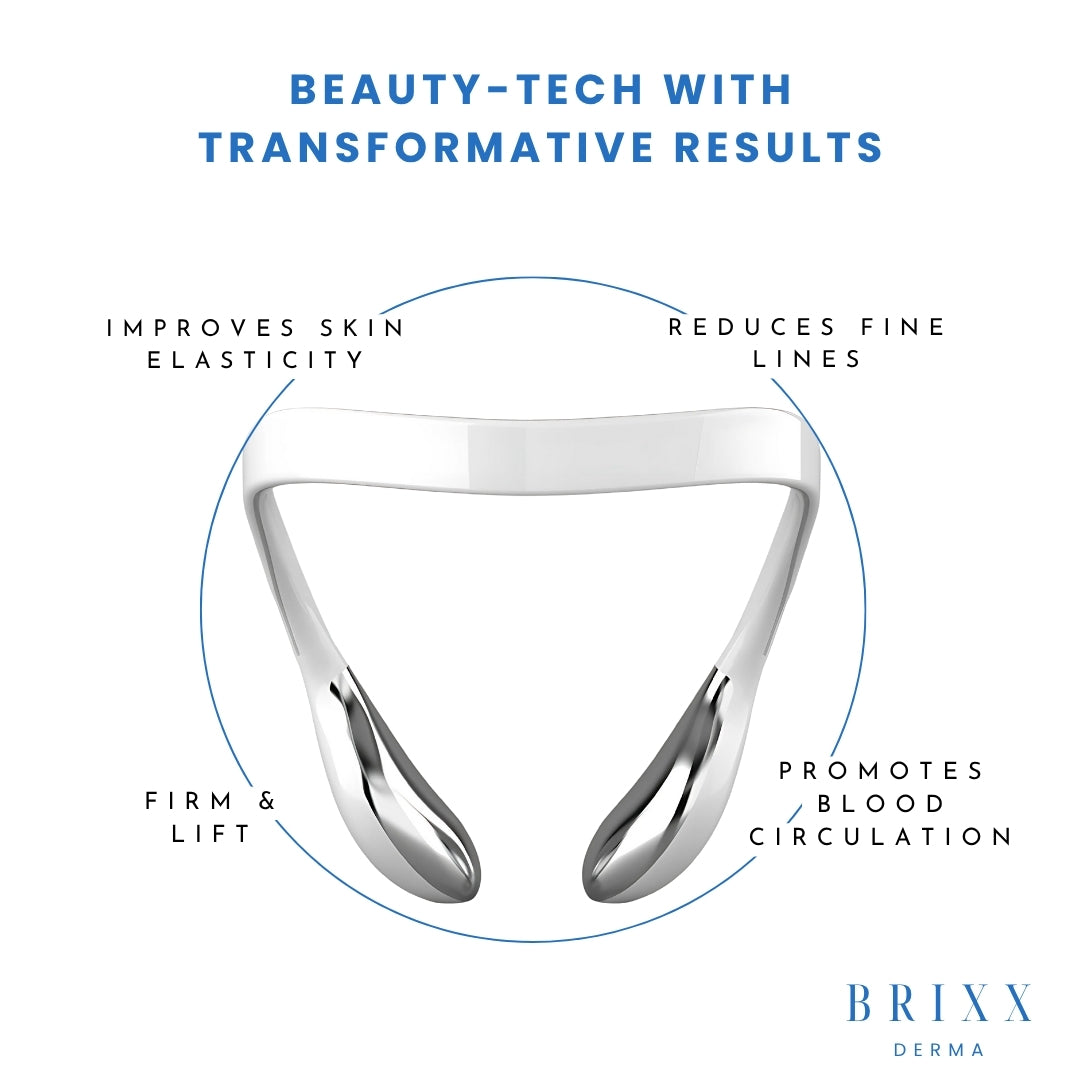 Beauty device with text highlighting its benefits on a white background, featuring the brand 'Brixx Derma'.