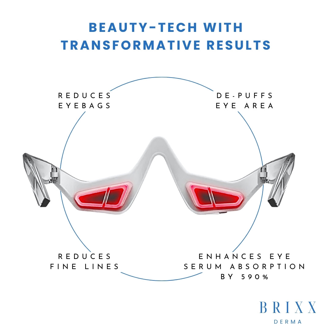 Eye device with red lights labeled for eye care benefits on a white background, featuring the brand 'Brixx Derm'.