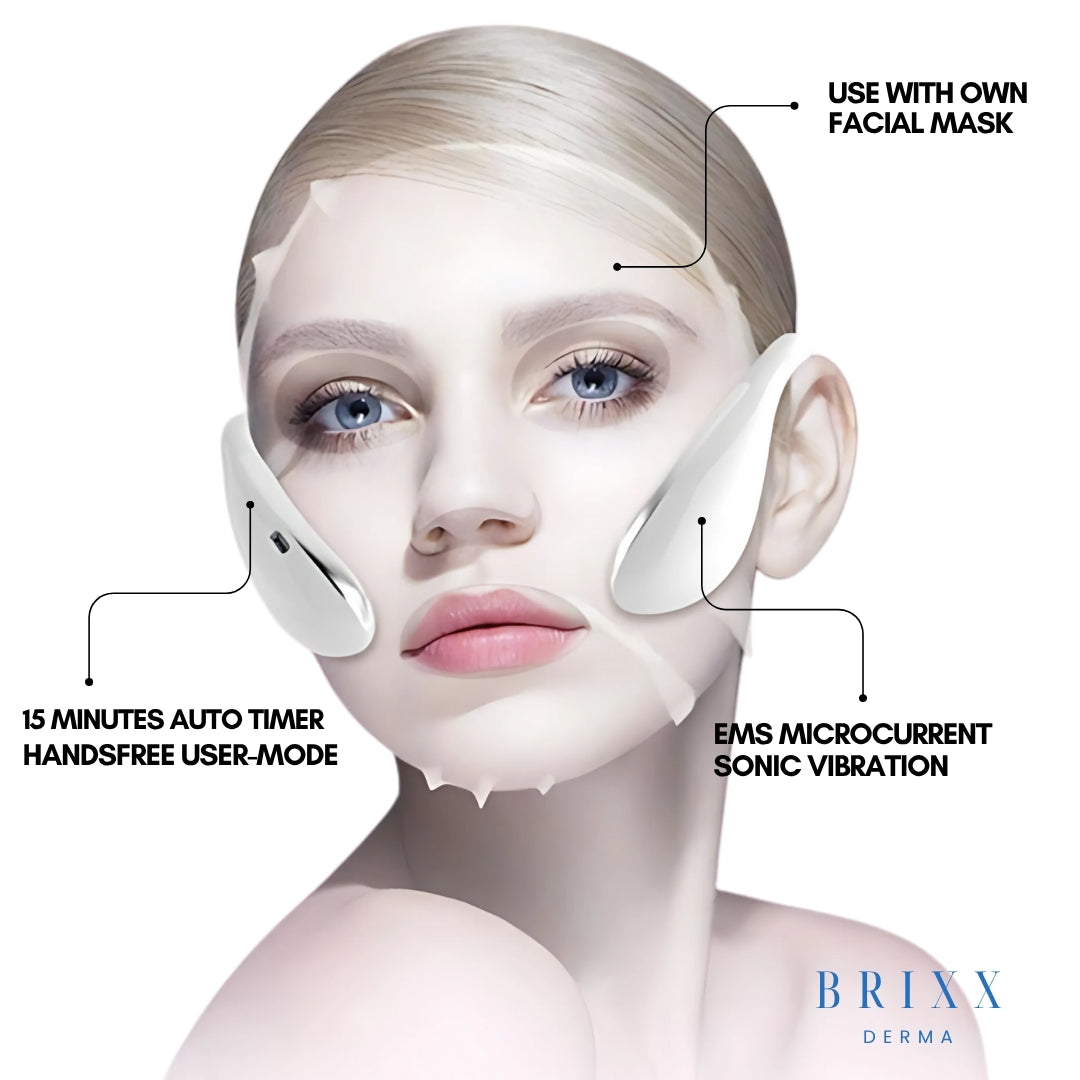 Woman using a facial mask with text detailing features on a white background