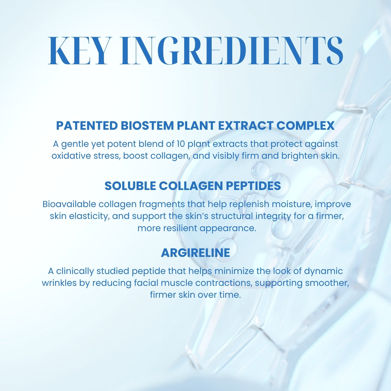 Key ingredients of a skincare product with a blue background and text.
