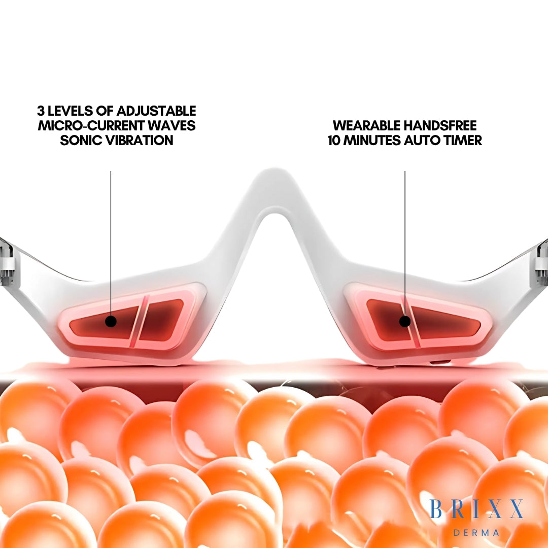 Wearable device with text about adjustable micro-current waves and sonic vibration, featuring the brand 'Brixx Derm'.