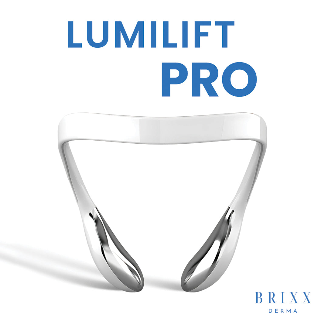 Silver neck lift device with 'Lumilift Pro' text and 'Brixx Derma' branding on a white background