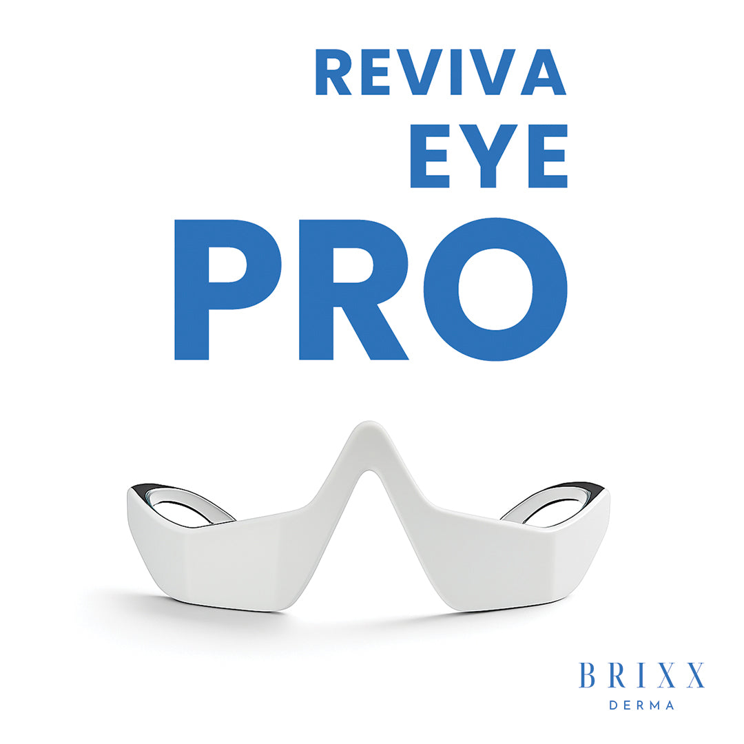 Reviva Eye pro device with 'REVIVA EYE PRO' text and 'BRIXX DERMA' branding on a white background
