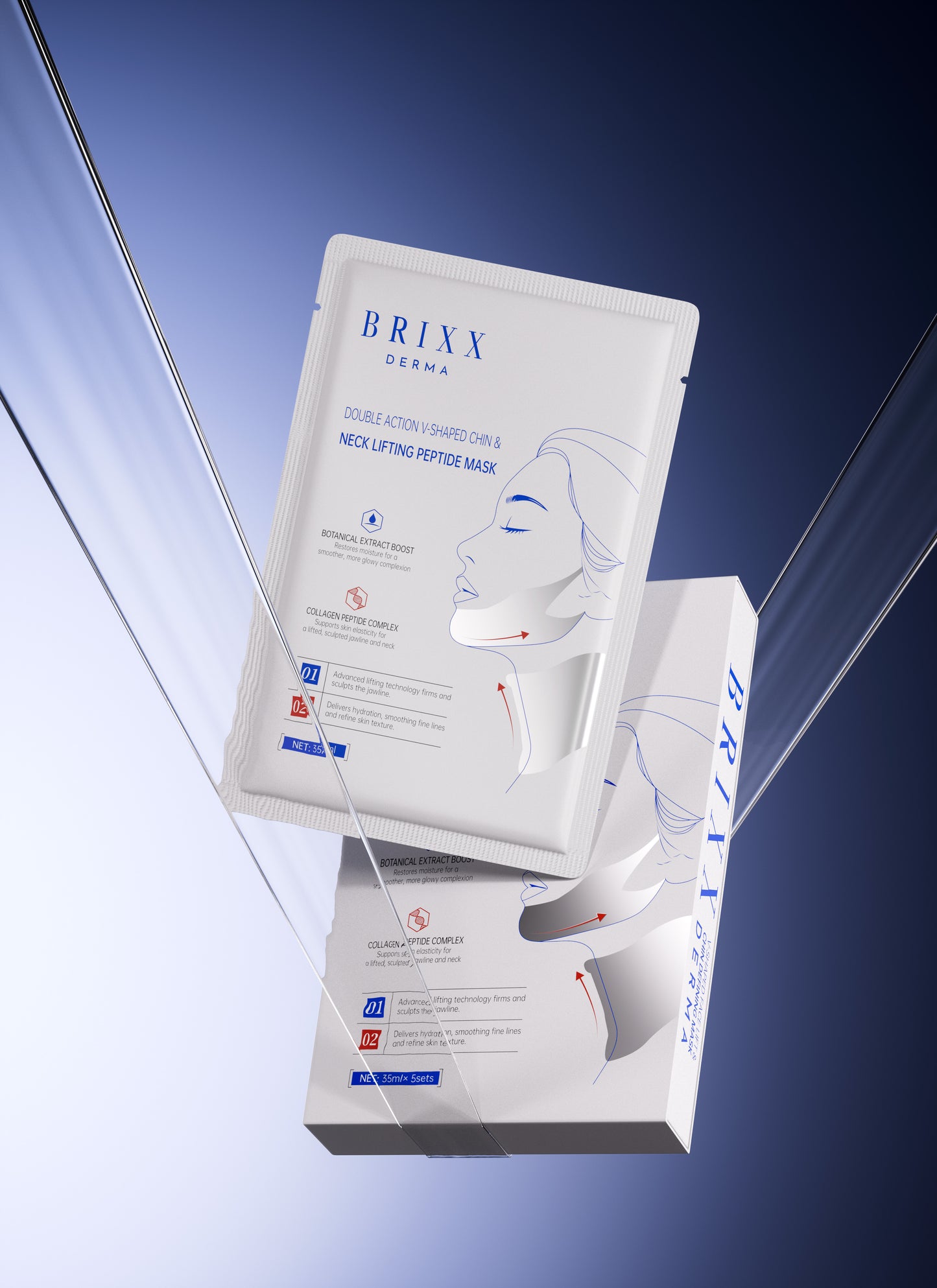 Brixx Derma neck lifting petticoat mask packaging on a blue gradient background