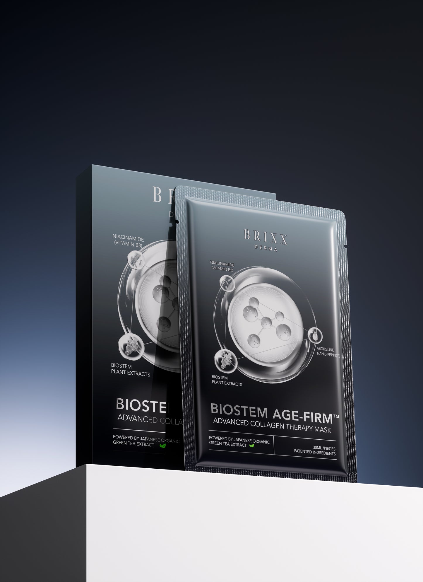 BRIXX DERMA Biostem Age-Firm Advanced Collagen Therapy Mask packaging on a gradient background