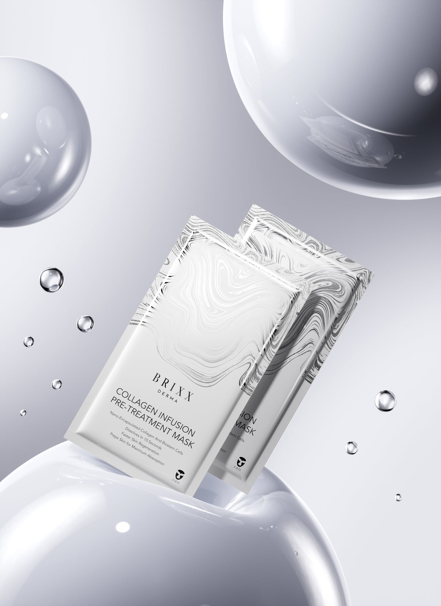 Brixx Derma Collagen Infusion Pre-Treatment Mask packaging on a gray background with water droplets.