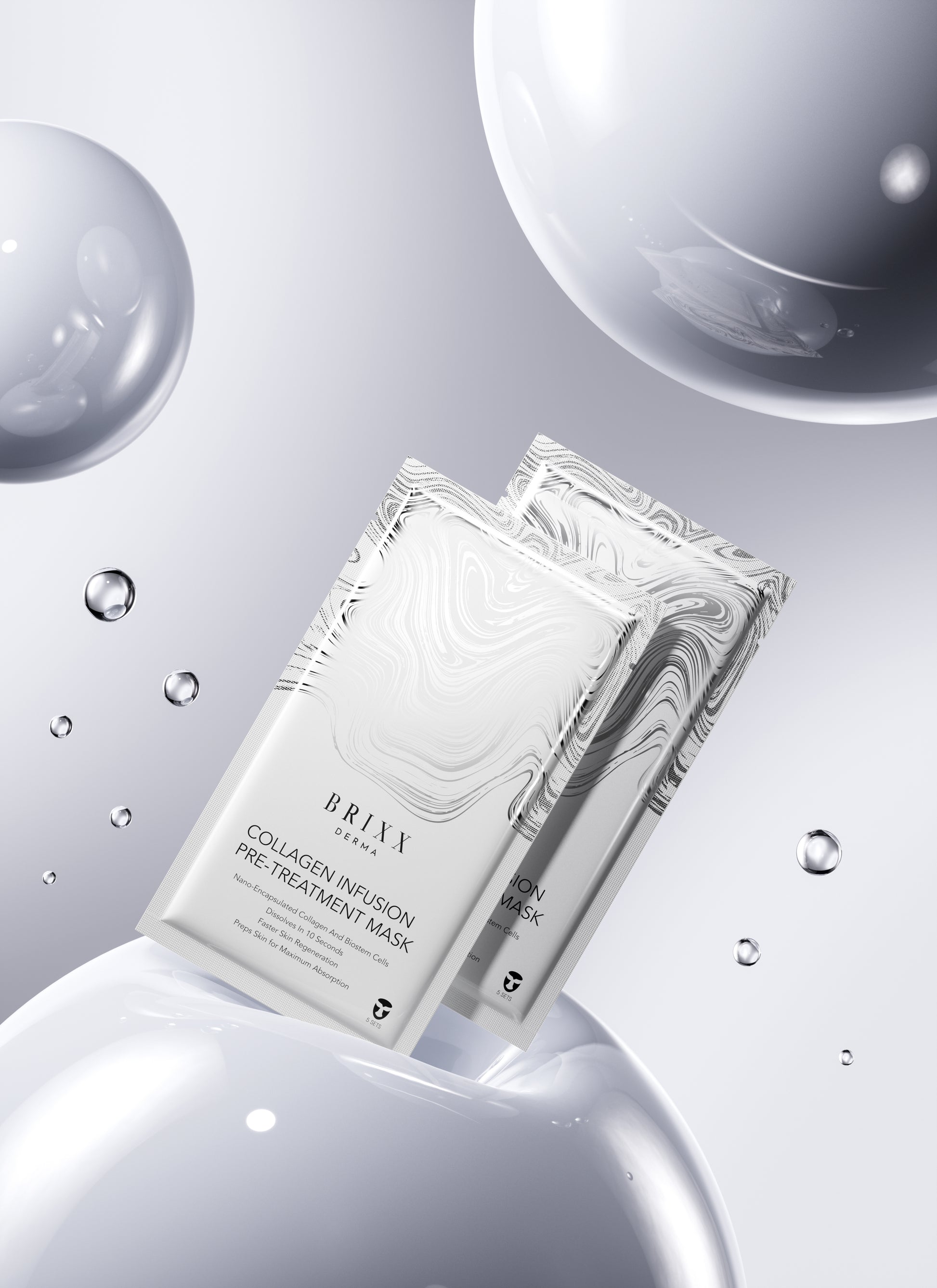 Brixx Derma Collagen Infusion Pre-Treatment Mask packaging on a gray background with water droplets.