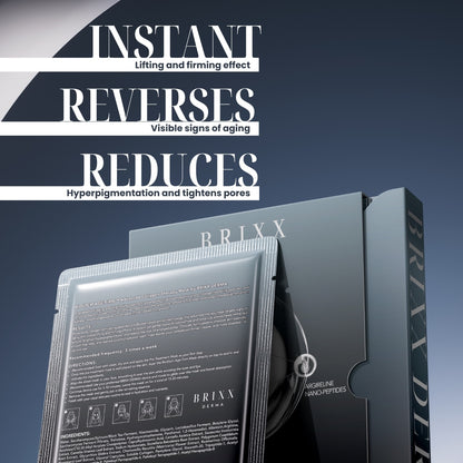 BRIXX DERMA skincare product packaging with text highlighting effects on a dark blue background