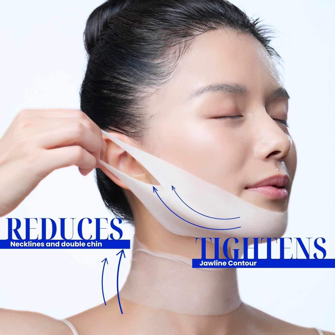 Woman using a Brixx Derma with text indicating its effects on necklines, double chin, and jawline contour.