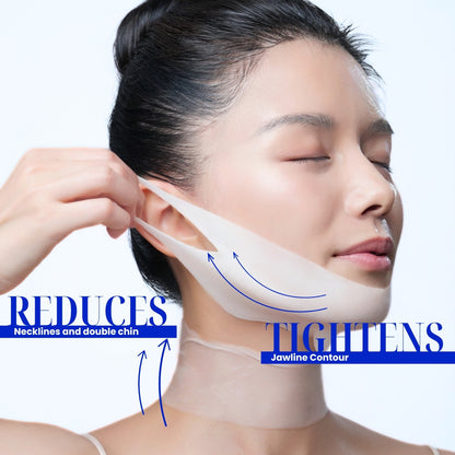 Woman using a Brixx Derma with text indicating its effects on necklines, double chin, and jawline contour.