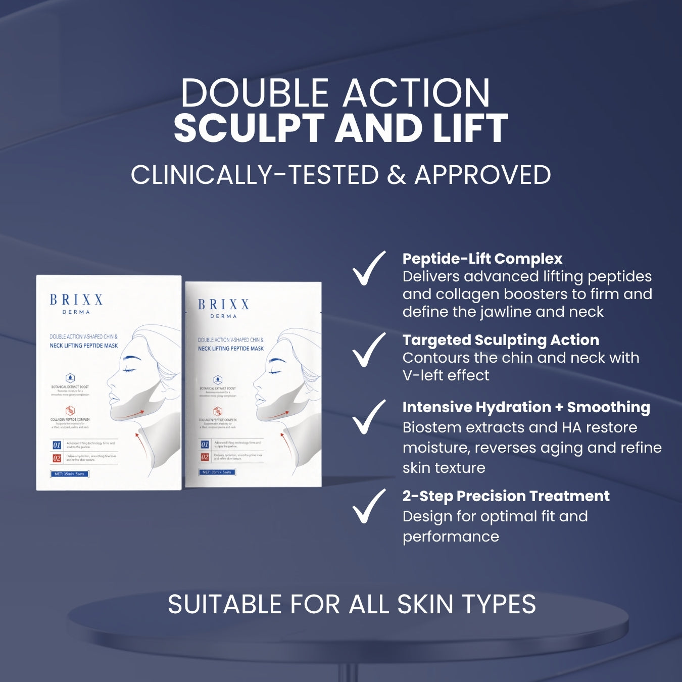 Brixx Derma double action sculpt and lift product packaging with features listed on a blue background