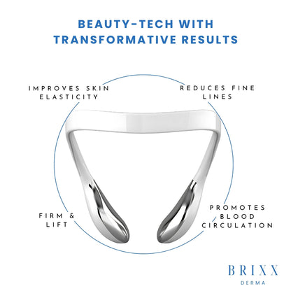Beauty device with text highlighting its benefits on a white background, featuring the brand 'Brixx Derma'.