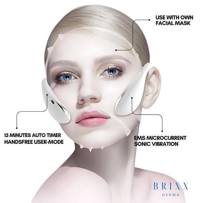 Woman using a facial mask with text detailing features on a white background