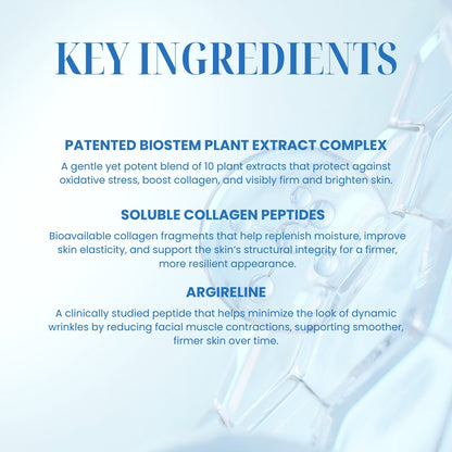 Key ingredients of a skincare product with a blue background and text.