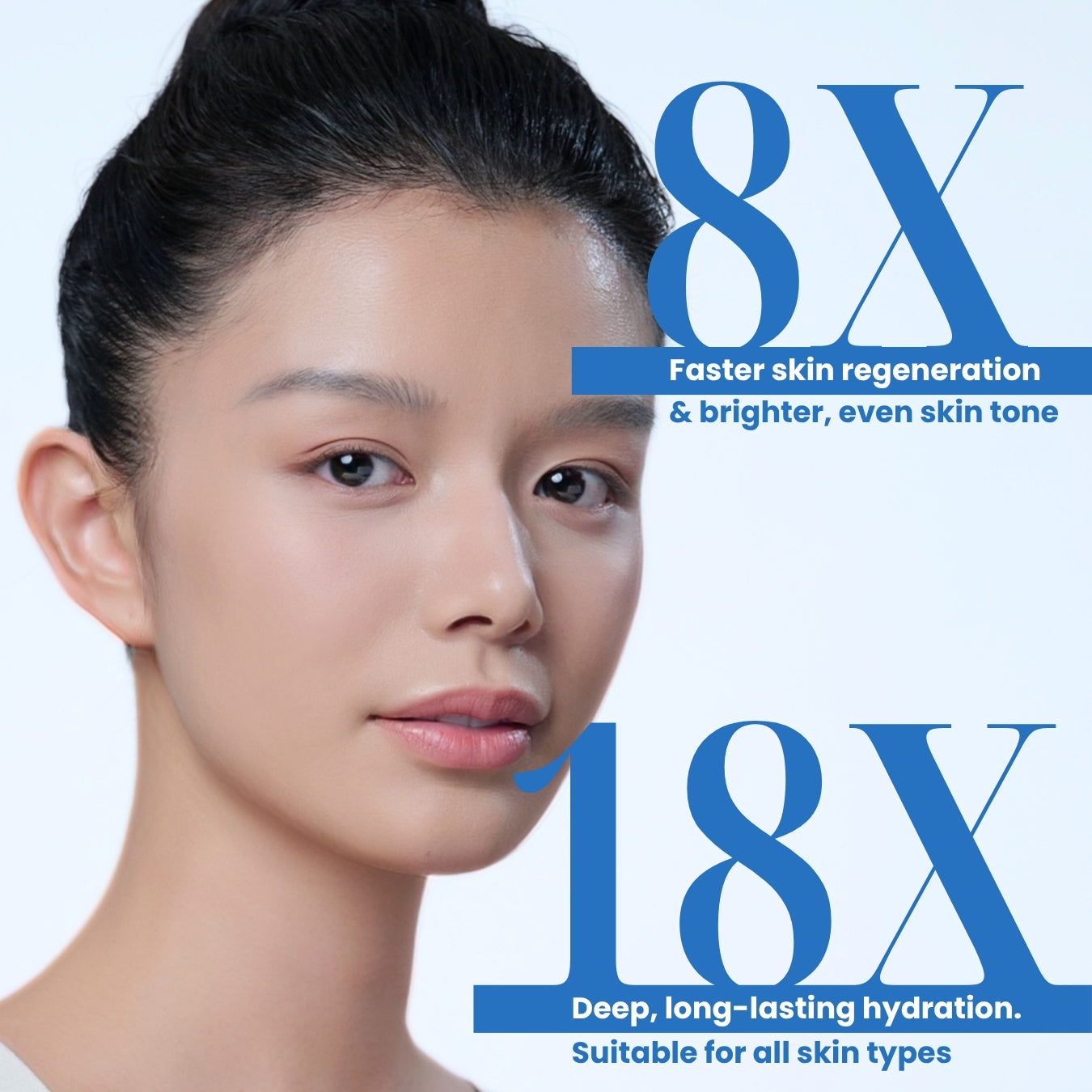 Advertisement showing a person's face with text highlighting skin regeneration and hydration benefits.