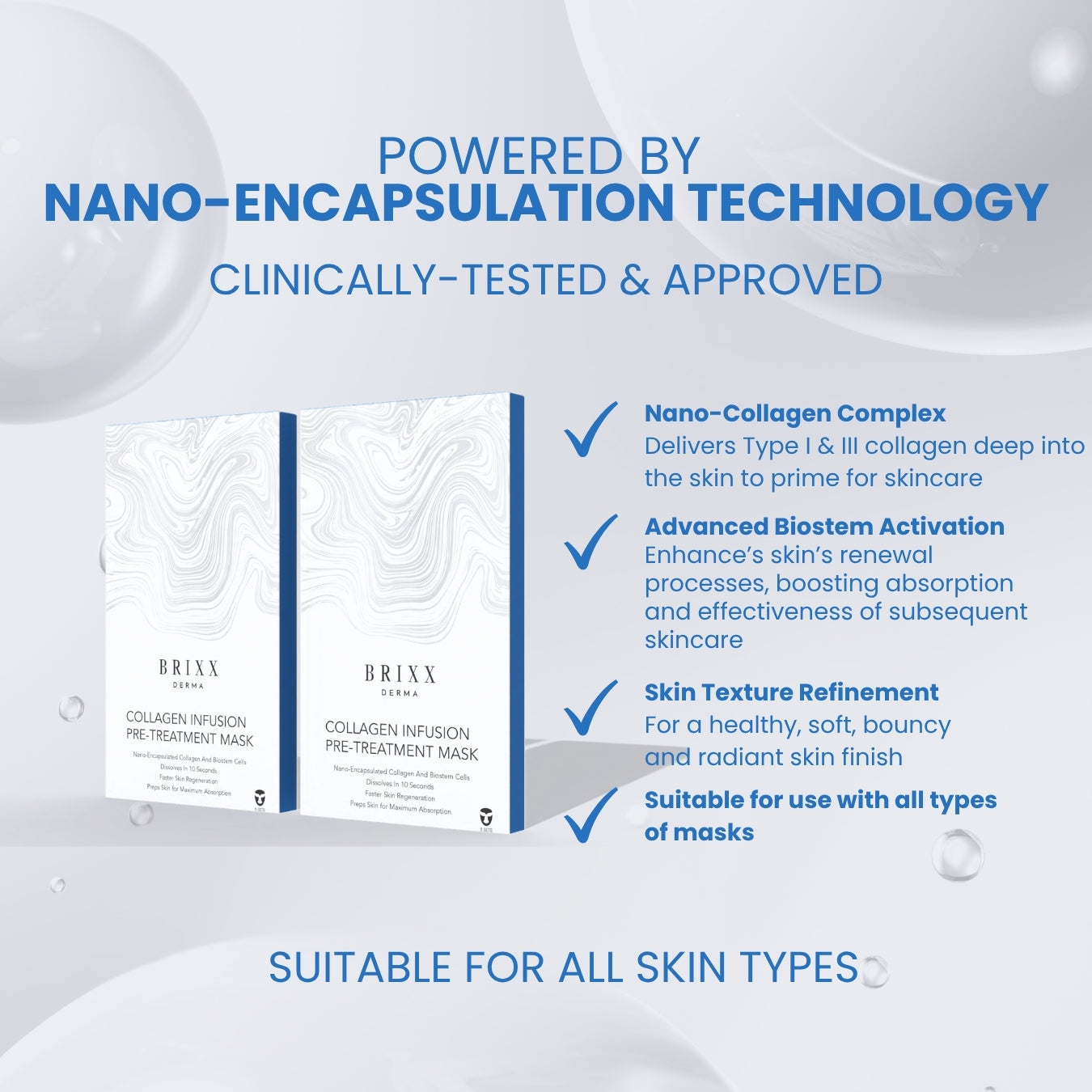 Brixx Derma skincare masks with text about nano-encapsulation technology on a light gray background