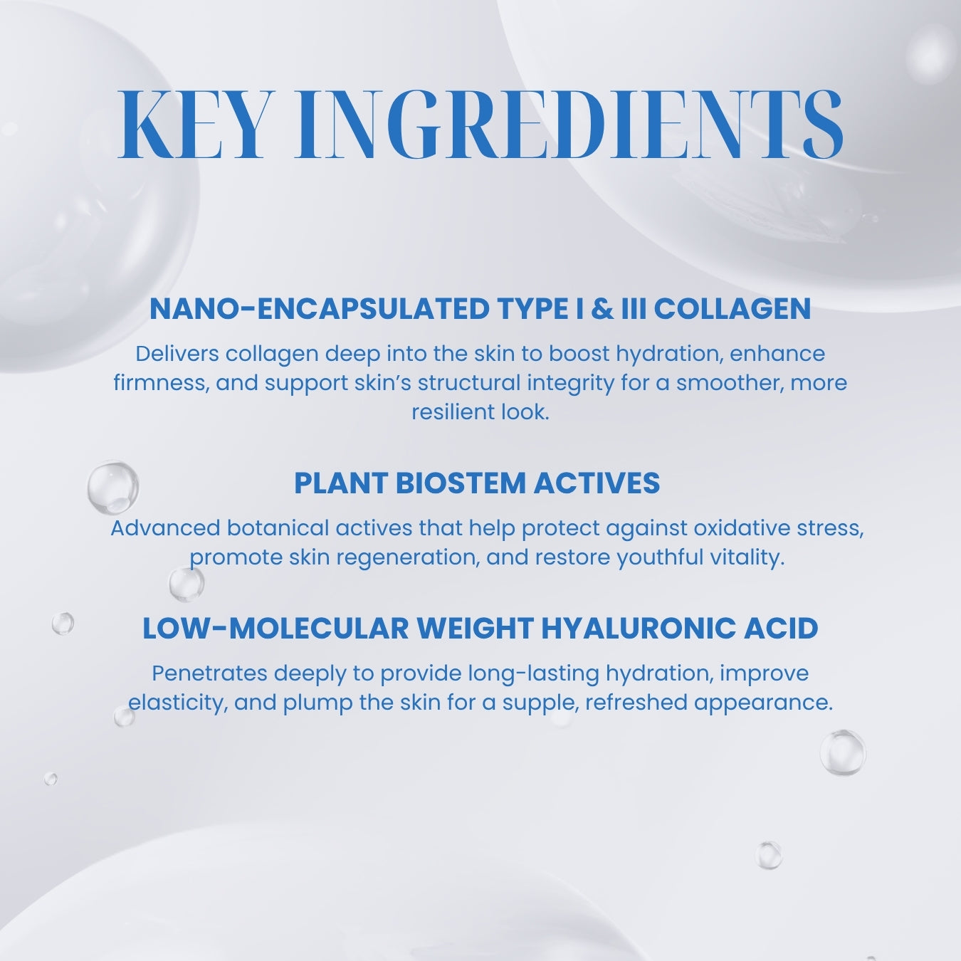 Key ingredients of a skincare product with text on a light blue background