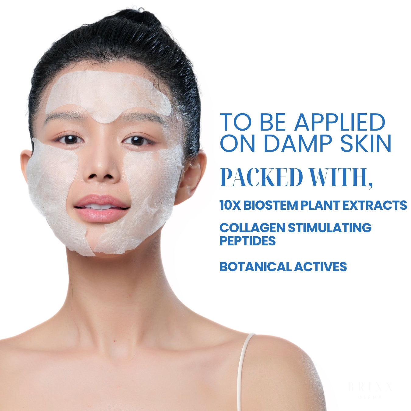 Brixx Derma woman wearing a face mask with product details on a white background
