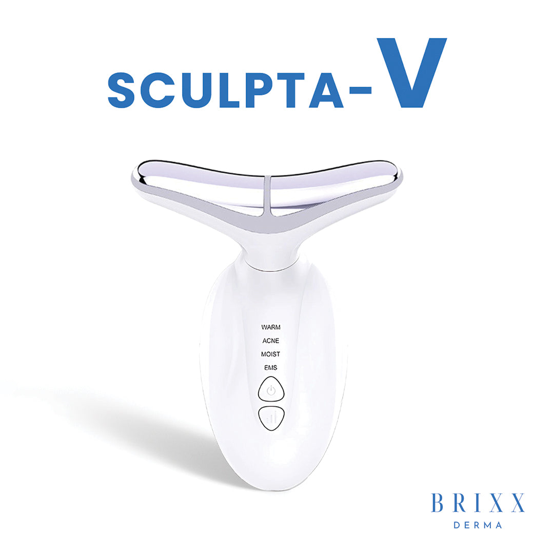 White and silver facial device with 'SCULPTA-V' text on a white background, featuring the Brixx Derma brand.