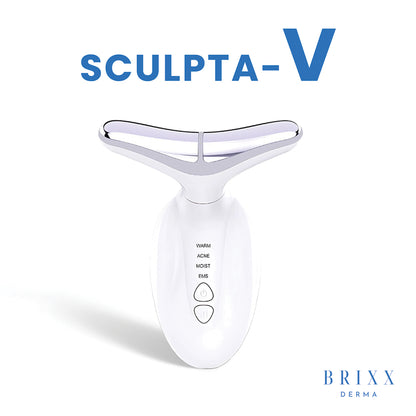 White and silver facial device with 'SCULPTA-V' text on a white background, featuring the Brixx Derma brand.