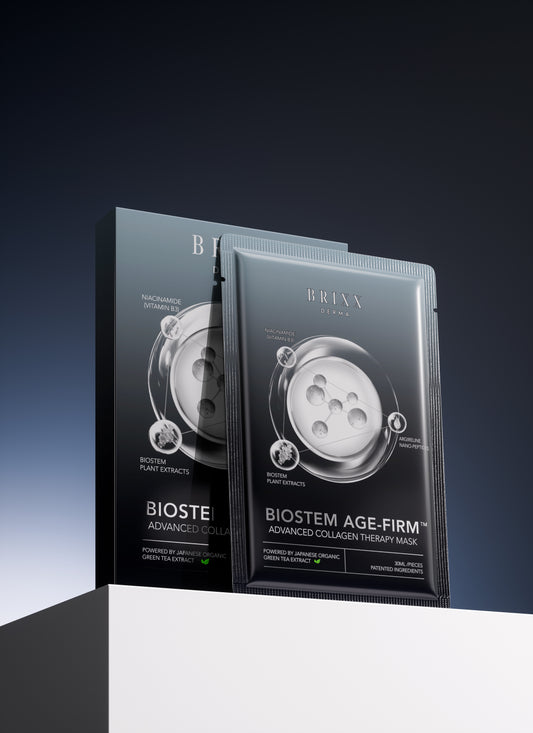 BRIXX DERMA Biostem Age-Firm Advanced Collagen Therapy Mask packaging on a gradient background