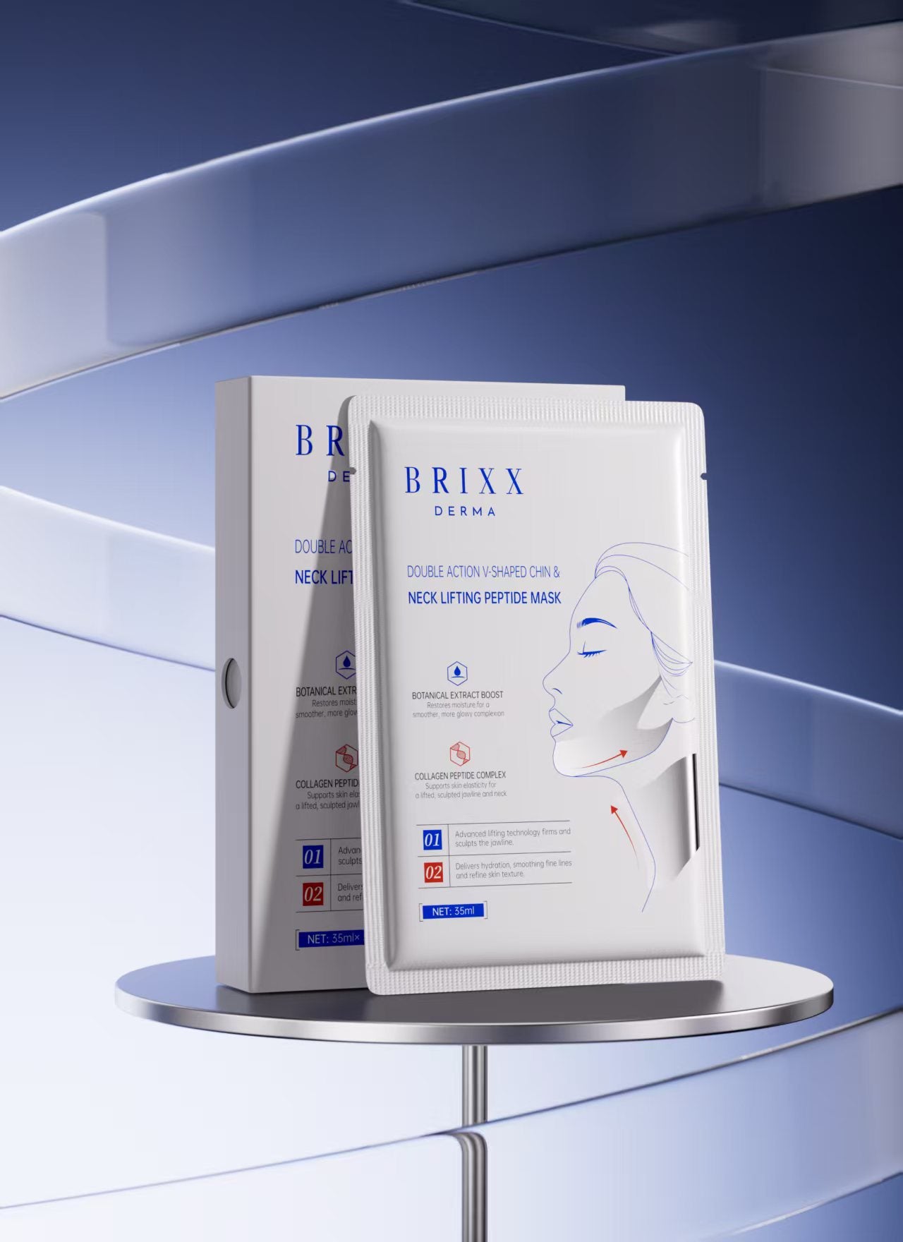 Brixx Derma neck lifting peptide mask packaging on a blue background