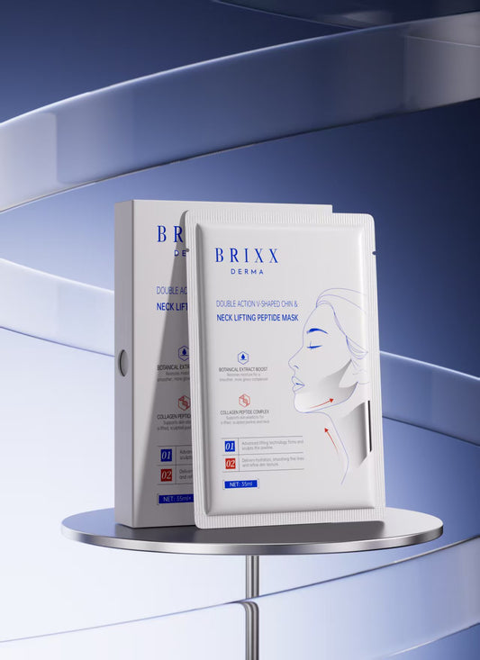 Brixx Derma neck lifting peptide mask packaging on a blue background
