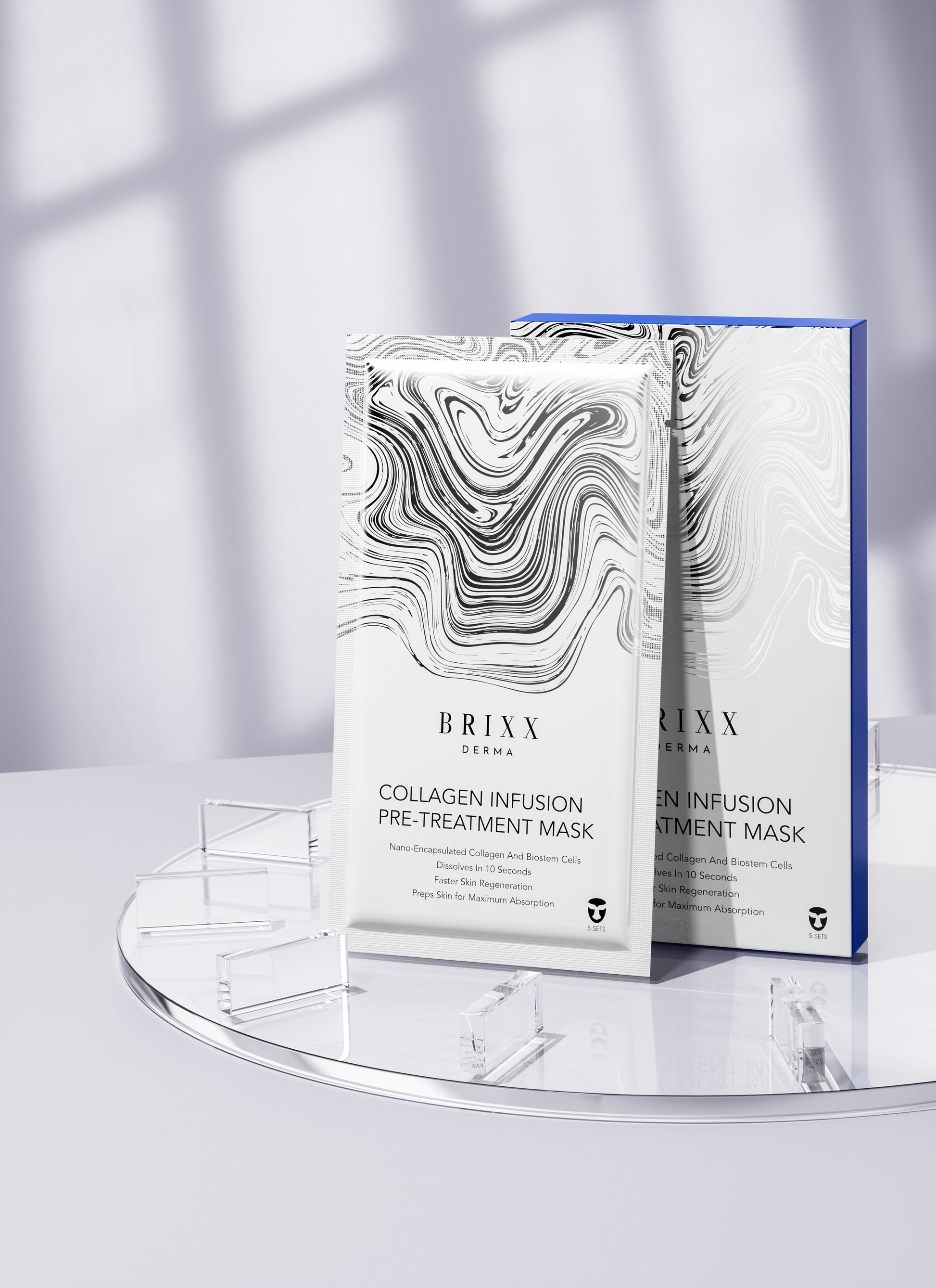 Brixx Derma collagen infusion pre-treatment mask packaging on a clear stand with a light background
