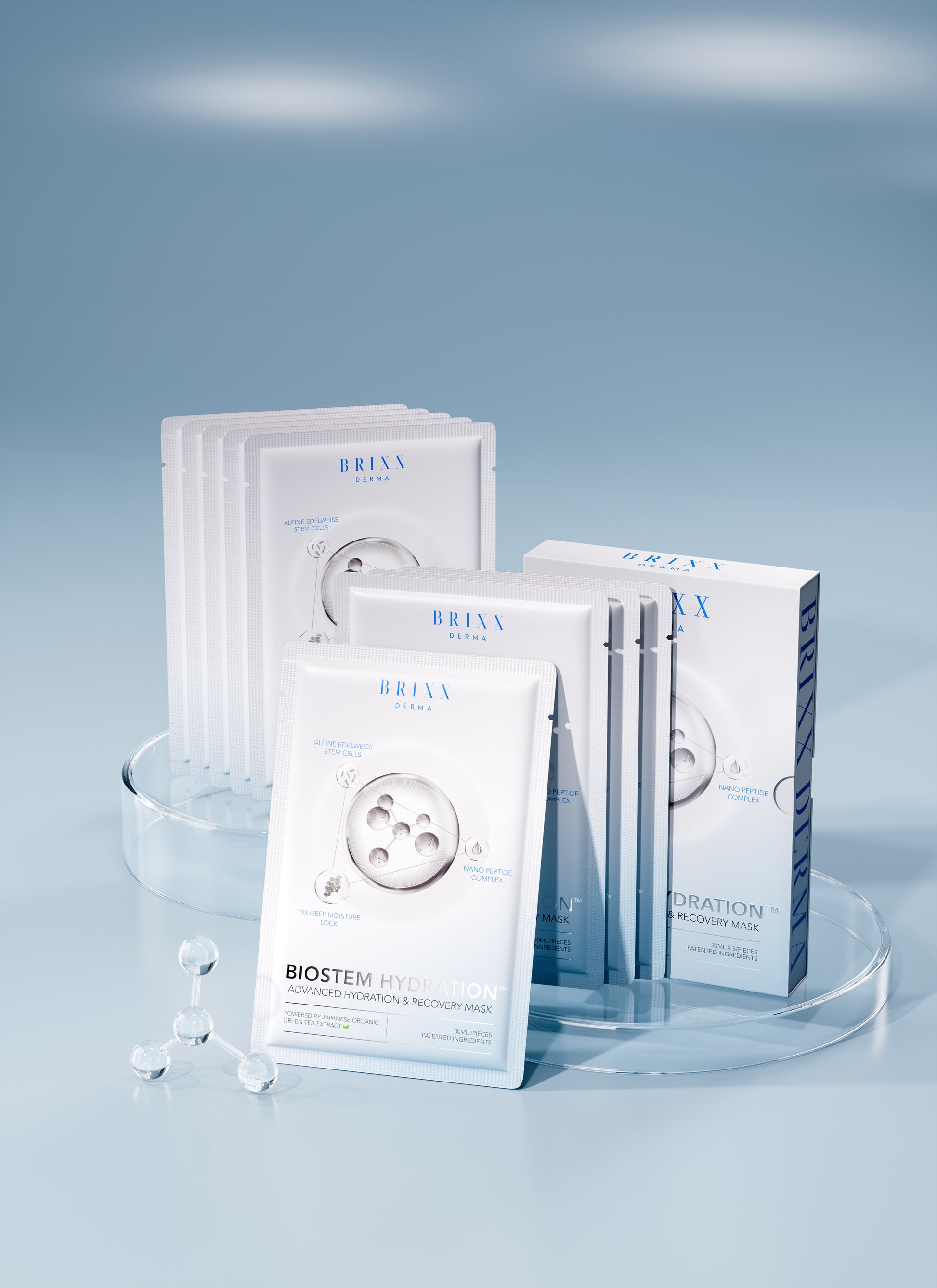 Brixx Derma Biostem Plus skincare product packaging on a light blue background